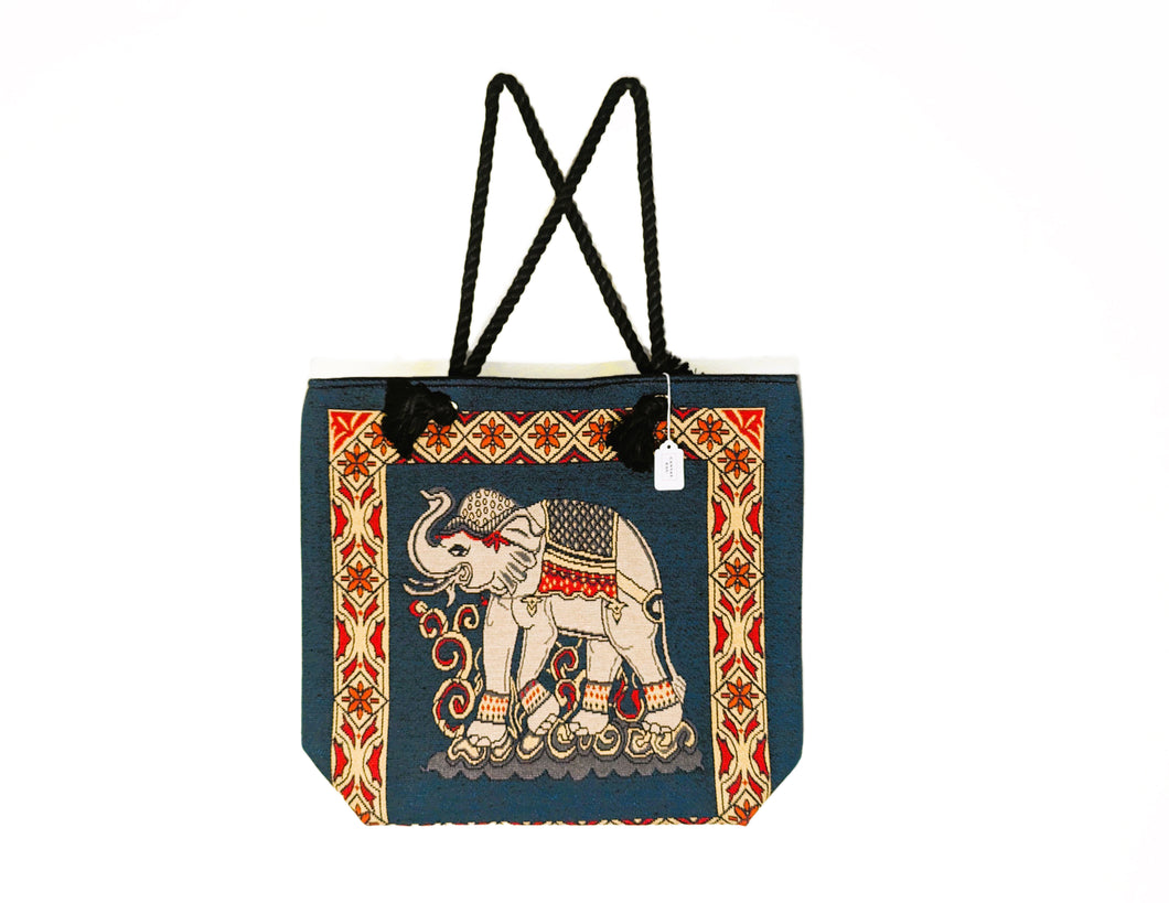 DARK BLUE CANVAS COTTON TOTE BAG WITH ELEPHANT PRINT