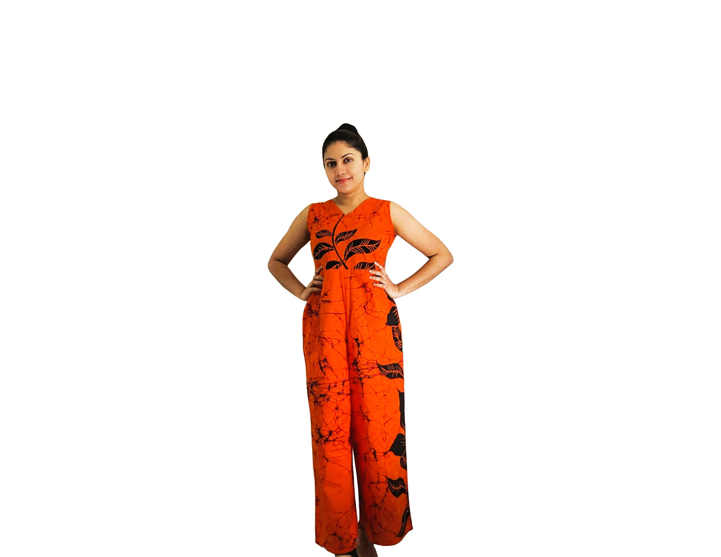 MODERN COTTON BATHIK JUMP SUIT FOR WOMEN-Orange