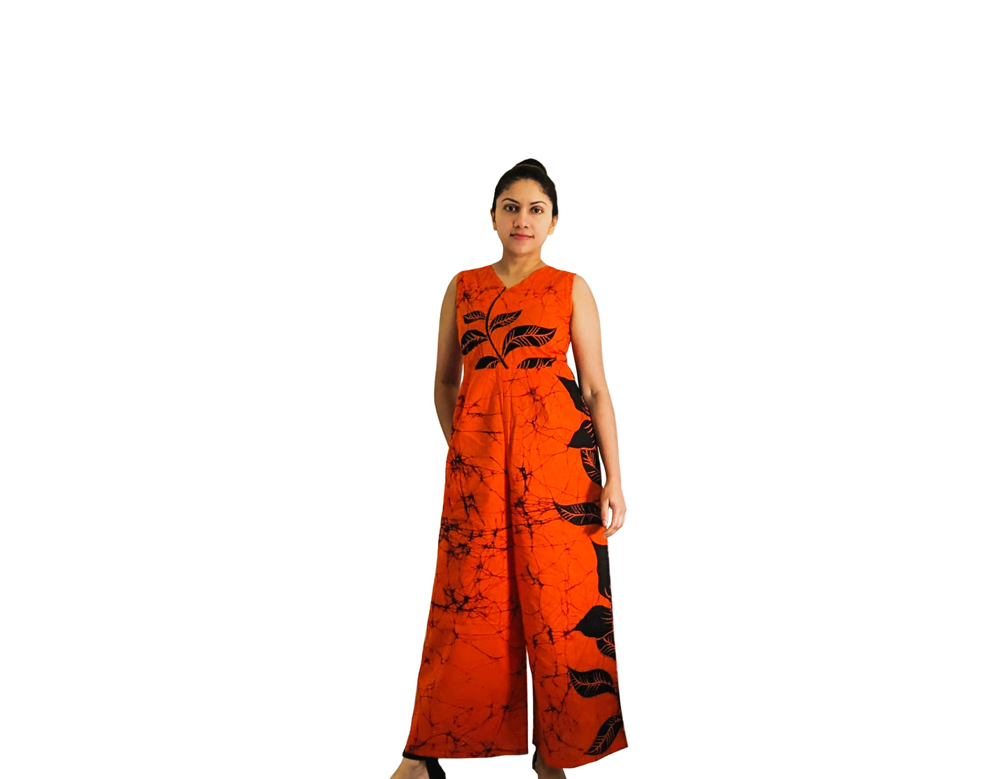 MODERN COTTON BATHIK JUMP SUIT FOR WOMEN-Orange