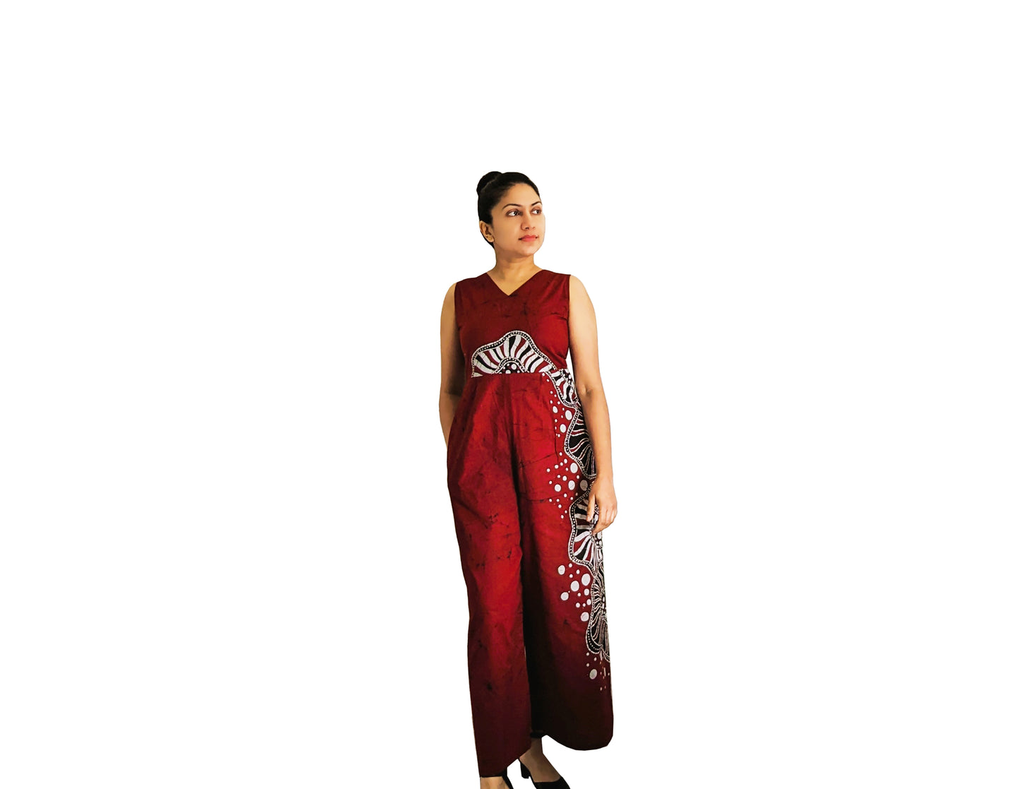 MODERN COTTON BATHIK JUMP SUIT FOR WOMEN- Maroon