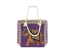 Load image into Gallery viewer, PURPLE CANVAS COTTON TOTE BAG WITH ELEPHANT PRINT
