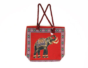 RED PURPLE CANVAS COTTON TOTE BAG WITH ELEPHANT PRINT