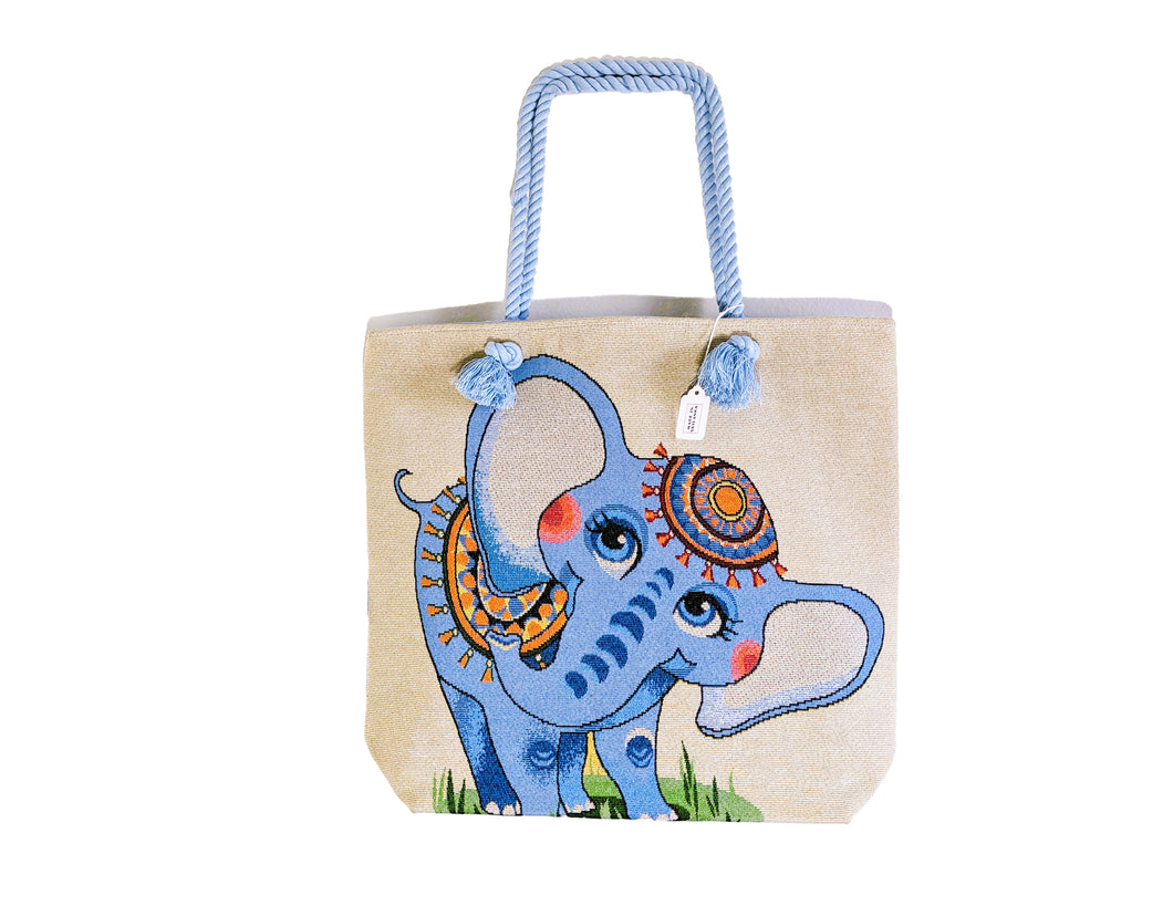 OFF WHITE AND LIGHT BLUE COTTON TOTE BAG WITH ELEPHANT PRINT